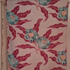 🔥 Atomic‑Era Vintage Barkcloth Panel • Bold Teal Floral + Red Leaves • 23x62